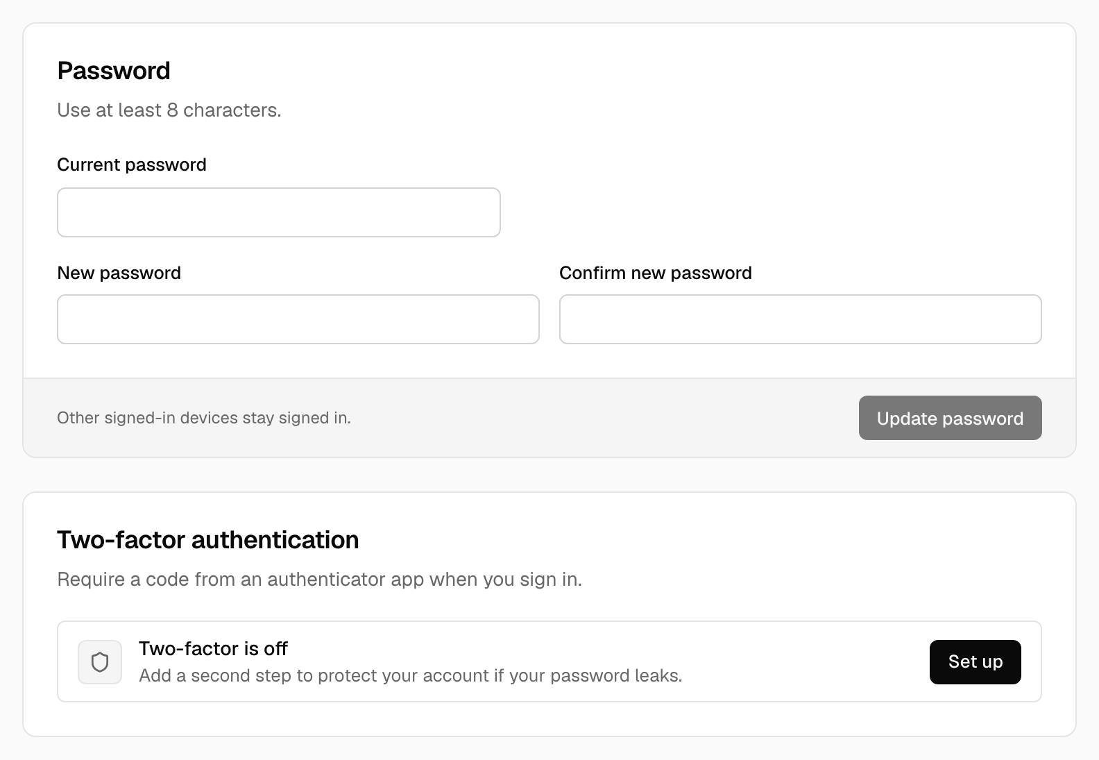 Account settings, Security tab