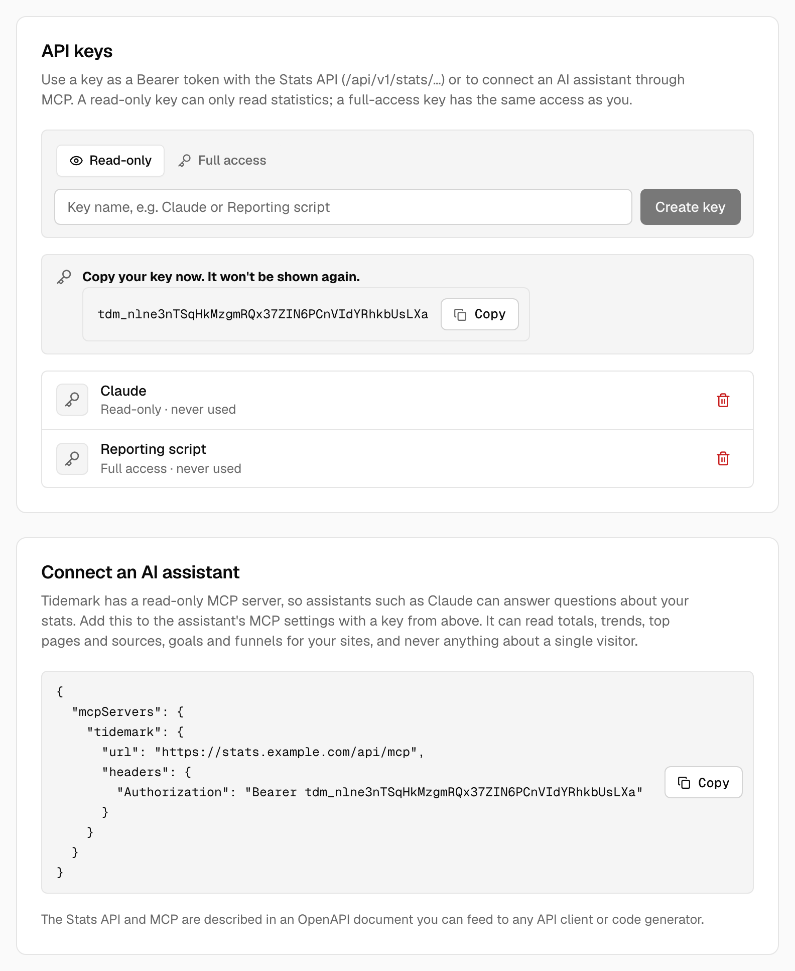 The API keys page with a new key