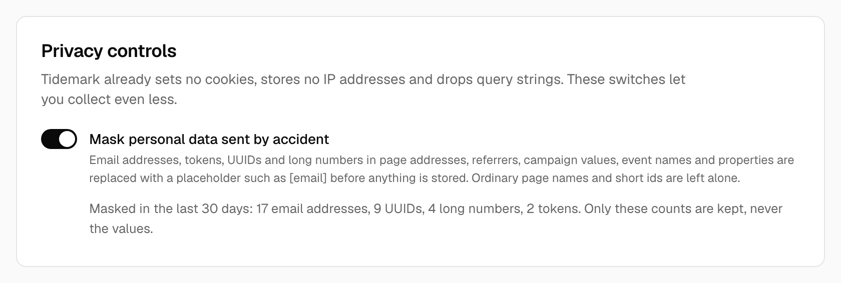 The masking switch and the masked counts in Privacy controls (self-hosted)
